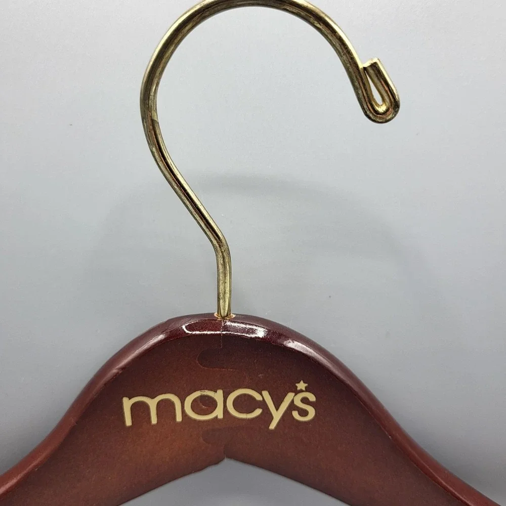 Vintage Set Of 3 Macys Wooden Suit Hangers With Gold Metal Hooks & Trouser Bar